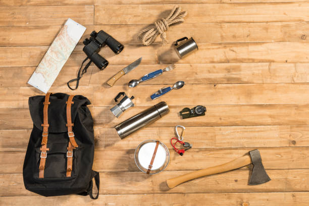 istock Traveler set on wooden background, flat lay 684977882