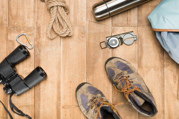 istock Traveler set on wooden background, flat lay 684983592