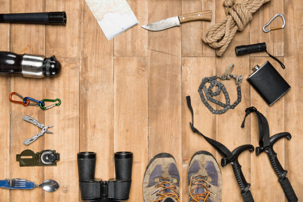 istock Traveler set on wooden background, flat lay 684983802