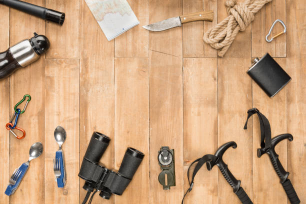 istock Traveler set on wooden background, flat lay 684984100