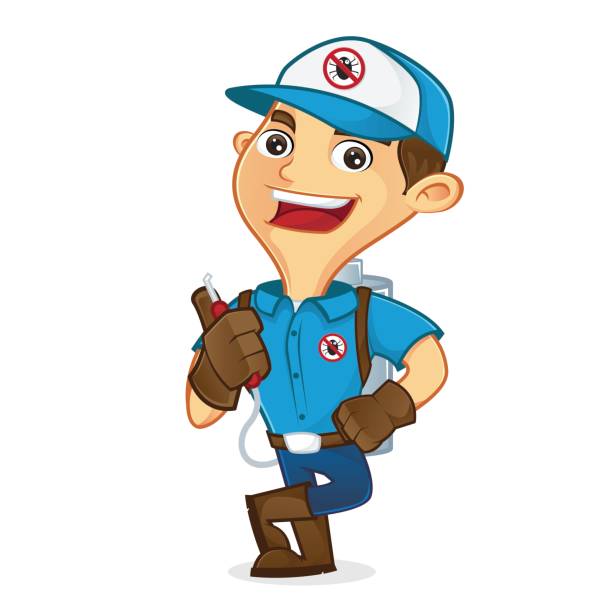 Exterminator leaning and holding pest sprayer Exterminator leaning and holding pest sprayer isolated in white background cockroaches clip art stock illustrations
