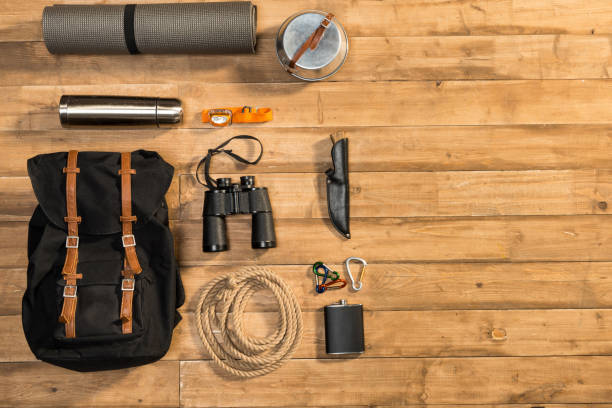 istock Traveler set on wooden background, flat lay 684984248