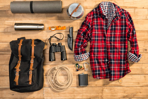 istock Traveler set on wooden background, flat lay 684986876