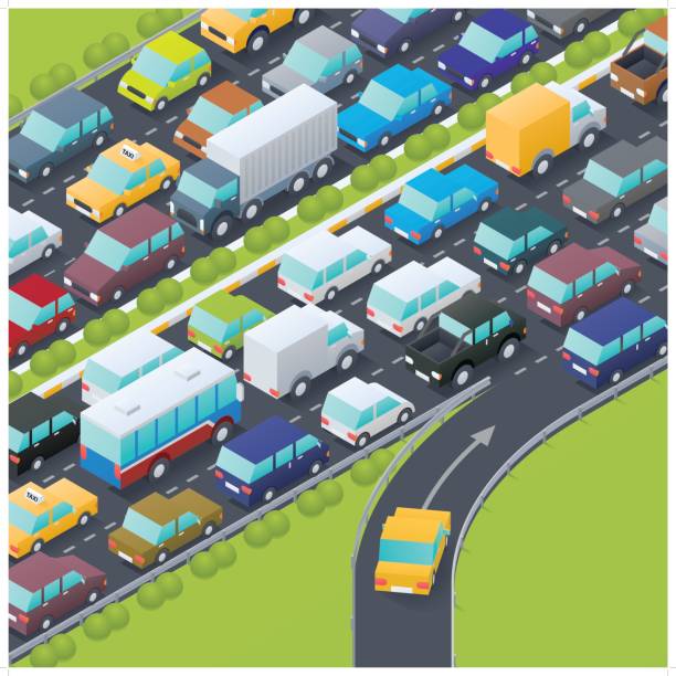 Isometric illustration of a yellow car entering a highway at rush hour.