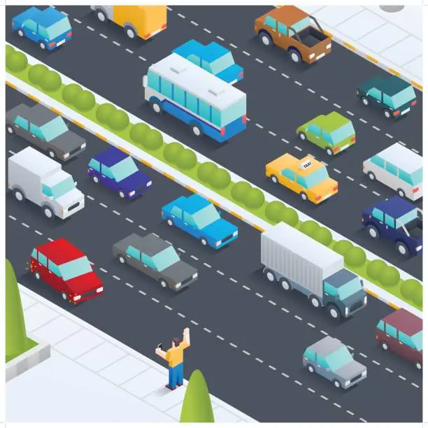 Vector illustration of isometric city road with a man stopping a car at the shoulder