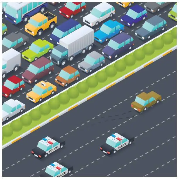 Vector illustration of isometric illustration of police car chase on a highway