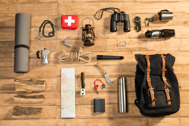 istock Traveler set on wooden background, flat lay 684987196