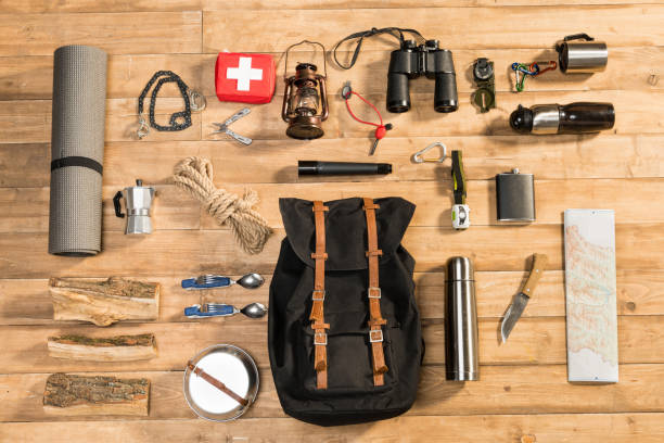 istock Traveler set on wooden background, flat lay 684987858