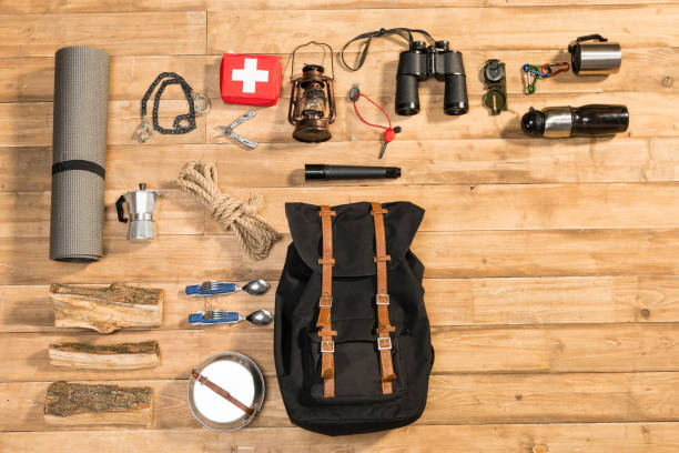istock Traveler set on wooden background, flat lay 684987926