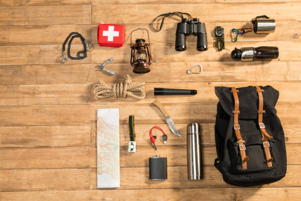 istock Traveler set on wooden background, flat lay 684987968
