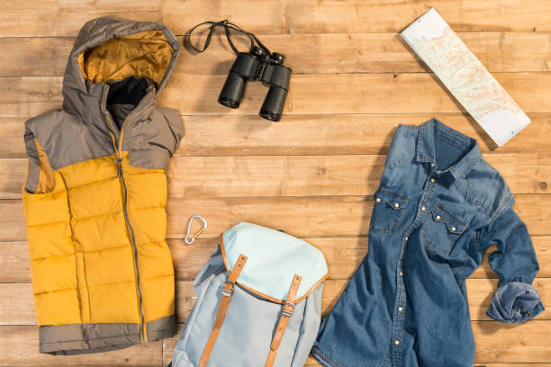 istock Traveler set on wooden background, flat lay 684990424