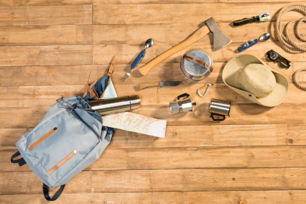 istock Traveler set on wooden background, flat lay 684990586