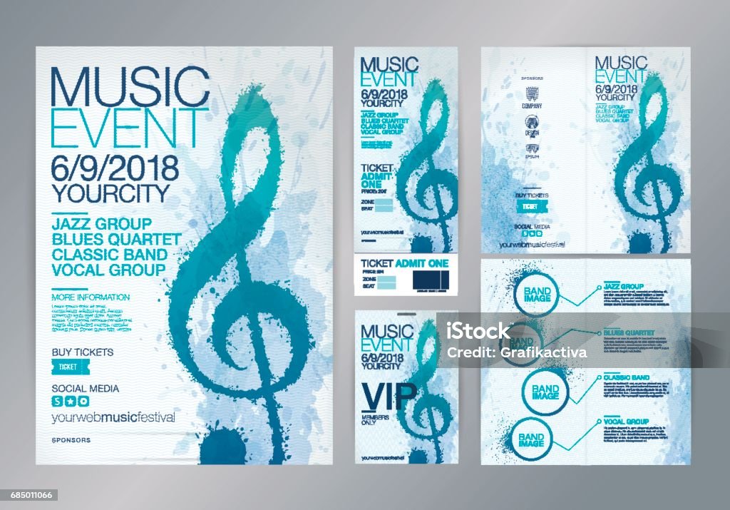 Idea of designs for music events. Set of templates with poster, tickets or web banners for music event. Treble clef illustration with brush strokes. Texture watercolor effect. Vector. Flyer - Leaflet stock vector