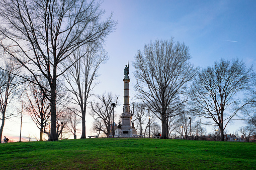 Soldiers and Sailors Monument in Boston Common public park in Boston, MA, United States. In the evening. People on the background