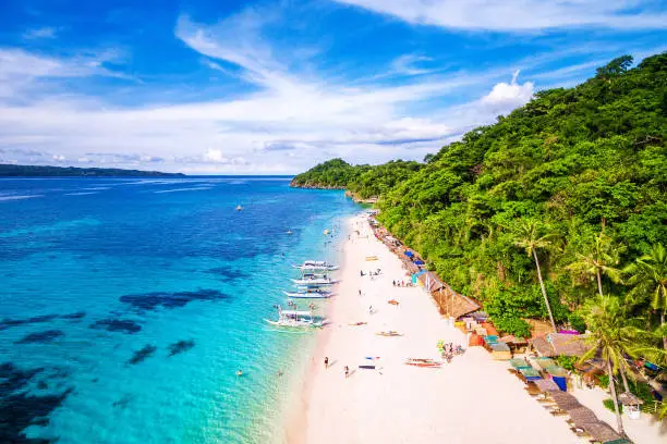 Aerial view of Puka beach in Boracay Island, Western Visayas, Philippines.