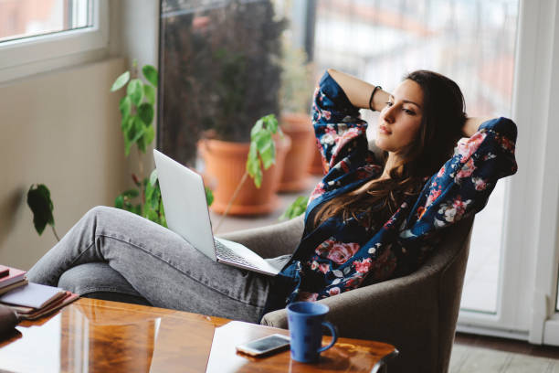 istock Young woman working at home at the laptop 685043702