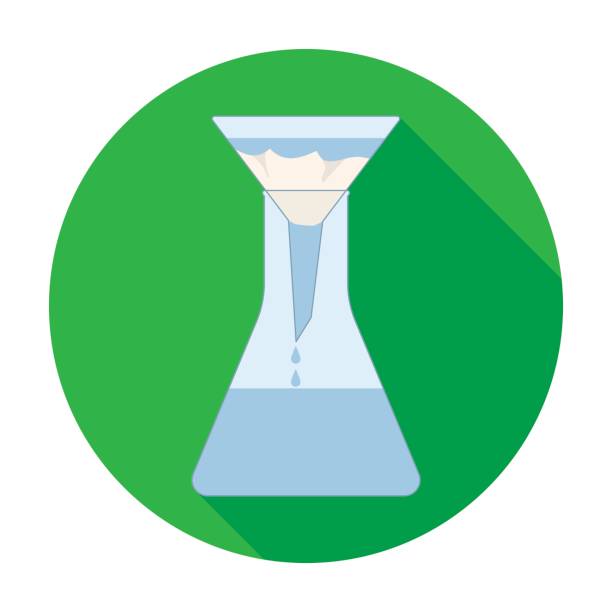 Filtration of water solution in a conical flask icon in flat style isolated on white background. Water filtration system symbol stock vector illustration. Filtration of water solution in a conical flask icon in flat design isolated on white background. Water filtration system symbol stock vector illustration. flask funnel stock illustrations