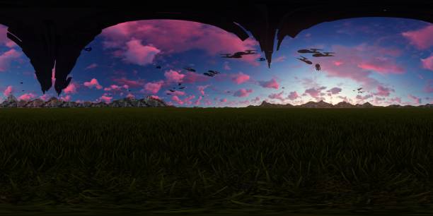 istock 360° panorama of an Alien invasion sky 685050338