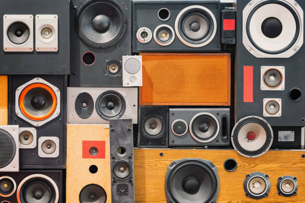 wall of retro vintage style Music sound speakers stock photo