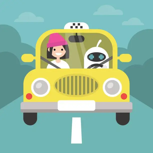 Vector illustration of Driverless car conceptual illustration. Cute robot driving a taxi with a passenger on the front seat / flat editable vector illustration, clip art