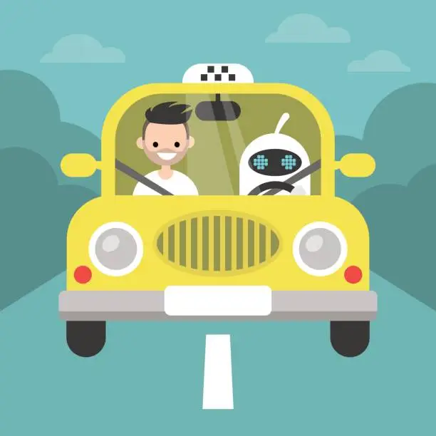 Vector illustration of Driverless car conceptual illustration. Cute robot driving a taxi with a passenger on the front seat / flat editable vector illustration, clip art