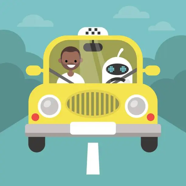 Vector illustration of Driverless car conceptual illustration. Cute robot driving a taxi with a passenger on the front seat / flat editable vector illustration, clip art