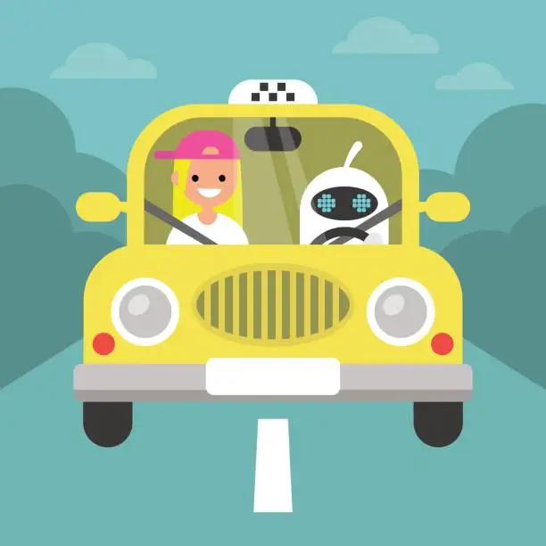 Vector illustration of Driverless car conceptual illustration. Cute robot driving a taxi with a passenger on the front seat / flat editable vector illustration, clip art