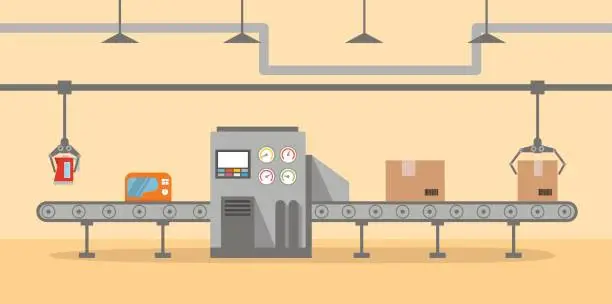 Vector illustration of The factory conveyor on packing in flat style.