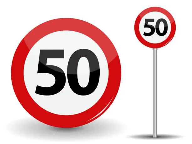 Vector illustration of Round Red Road Sign Speed limit 50 kilometers per hour. Vector Illustration