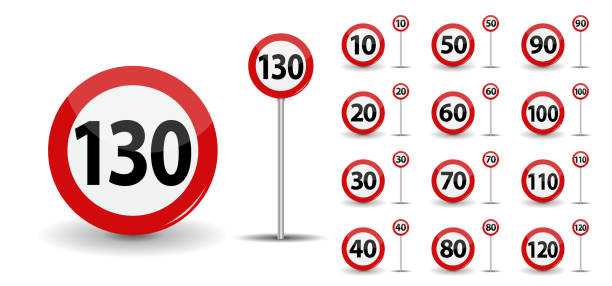 illustrations, cliparts, dessins animés et icônes de limite de vitesse de signe de route rouge rond 10-130 kilomètres par heure. illustration vectorielle - kilometers per hour