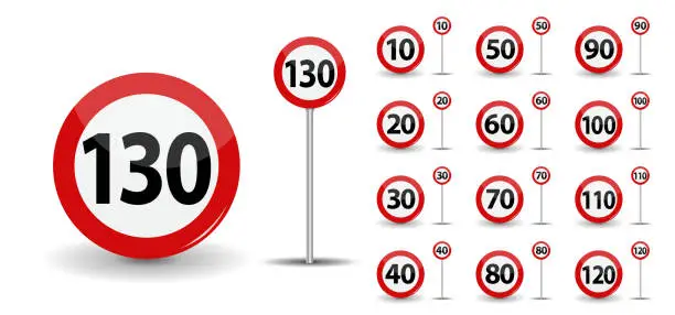 Vector illustration of Round Red Road Sign Speed limit 10-130 kilometers per hour. Vector Illustration