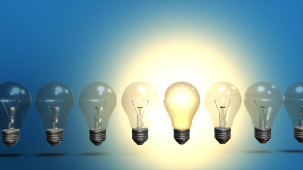 istock Idea concept with row of light bulbs and glowing bulb 3D illustration 685063026