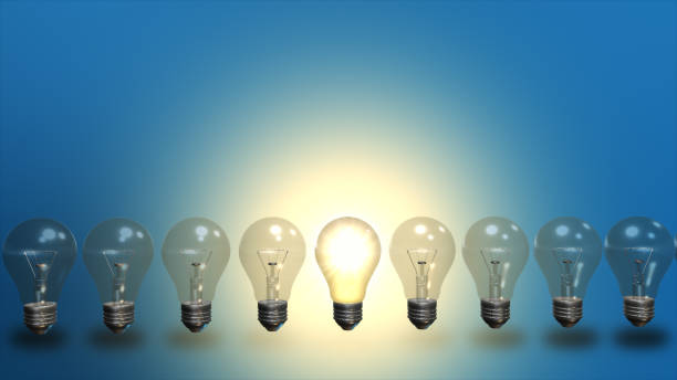 istock Idea concept on blue background. Row with light bulbs and LED bulb. 3D illustration 685063054