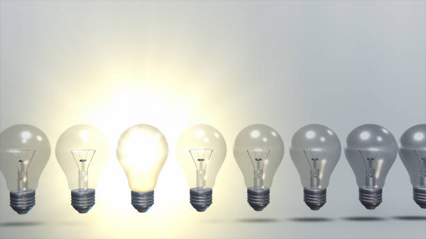 istock Concept idea on a gray background. A row with light bulbs and an LED light bulb. 3D illustration 685063096