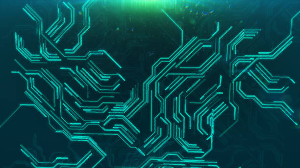 istock Abstract blue glowing lines microcircuit background 3d illustration 685067136
