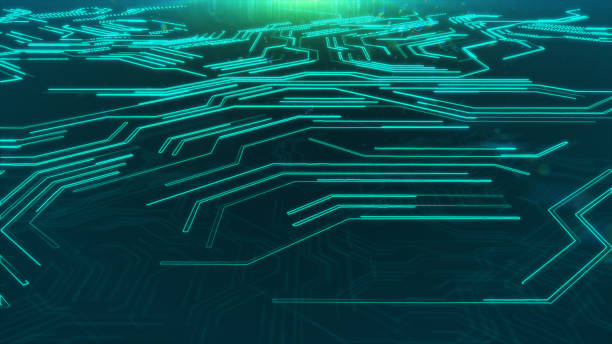 istock Abstract blue glowing lines microcircuit background 3d illustration 685067142