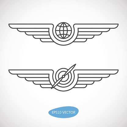 Aviation emblems, badges and logo patches. Military and civil aviation icons. Travel agency logo. Air force symbol. Vector stock illustration.