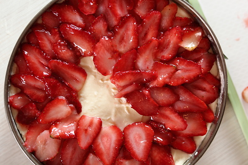 Place sliced strawberry on top of cheesecake. Making frozen strawberry cheesecake series.