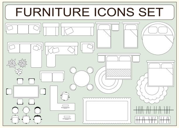 ilustraciones, imágenes clip art, dibujos animados e iconos de stock de conjunto de iconos de vector de mobiliario sencillo como elementos de diseño - vista desde arriba