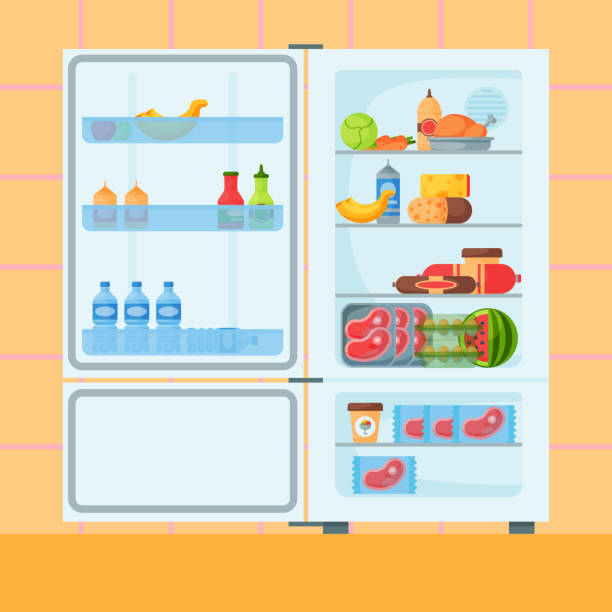istock Refrigerator organic food kitchenware household utensil fridge appliance freezer vector illustration 685094660