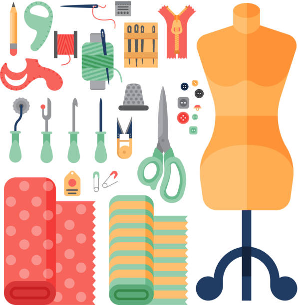 ilustrações de stock, clip art, desenhos animados e ícones de thread supplies accessories sewing equipment tailoring fashion pin craft needlework vector illustration - sewing tailor thread sewing kit