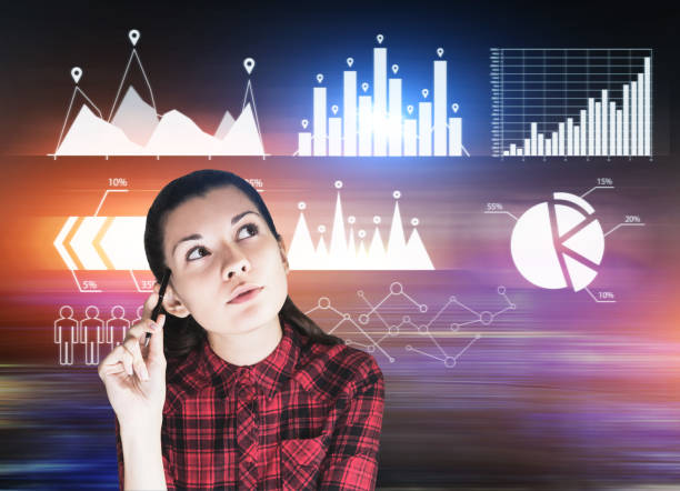 istock Nerdy girl and six graphs hologram 685118532