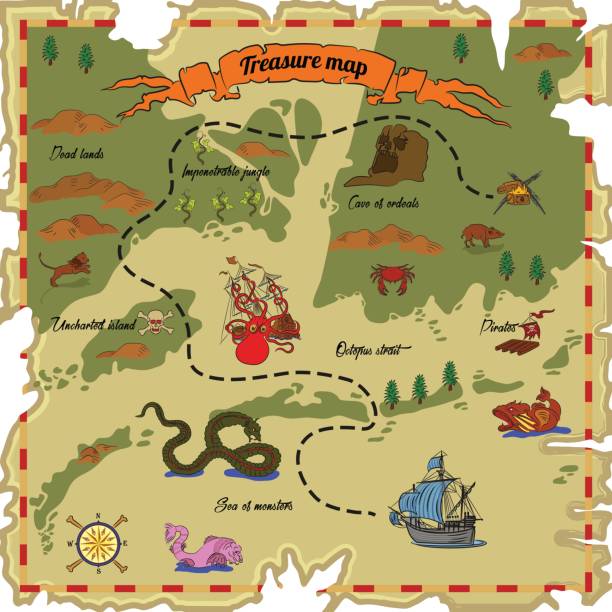Treasure map Treasure map with different obstacles. Vector illustration jamaica map island illustration and painting stock illustrations