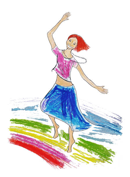 istock Cute redhead girl dancing on rainbow, hand drawn by pencil and watercolor 685150362