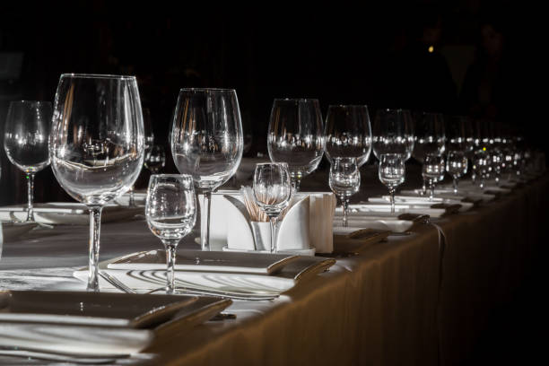 istock catering table set service with silverware, napkin and glass at restaurant before party 685168258