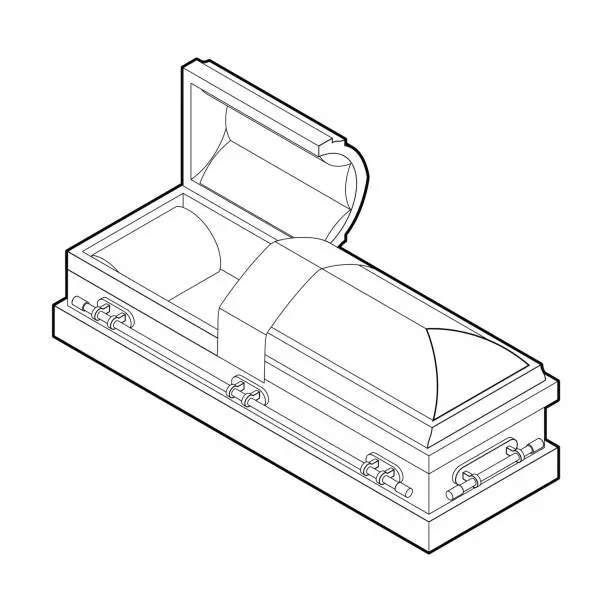 Vector illustration of Open coffin in linear style. Wooden casket for burial. Red hearse. Religious illustration
