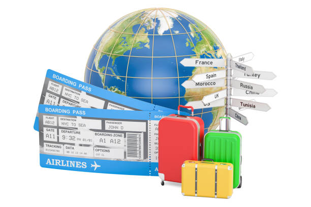 istock Travel concept, Earth globe with suitcases, tickets and signposts. 3D rendering isolated on white background 685188788