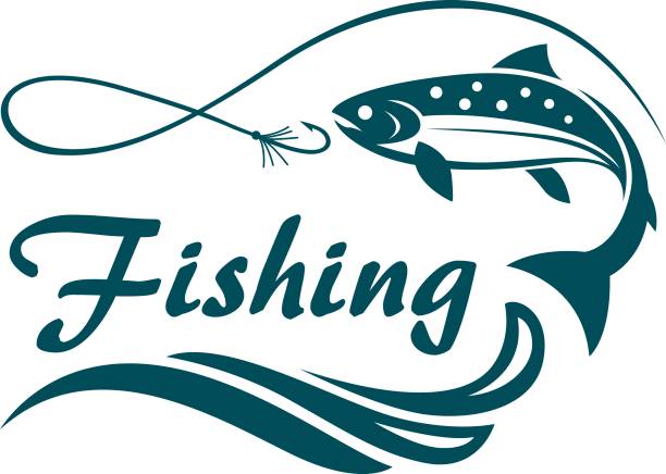 ilustraciones, imágenes clip art, dibujos animados e iconos de stock de emblema de la pesca del salmón - anzuelo de pesca