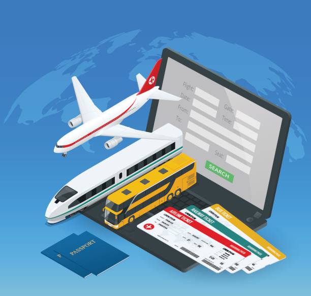 Online purchase or booking of tickets for an airplane, bus or train. Travel around the world and countries. Recreation and entertainment. Business trip. Vector isometric illustration Online purchase or booking of tickets for an airplane, bus or train. Travel around the world and countries. Recreation and entertainment. Business trip. Vector isometric illustration. business travel stock illustrations