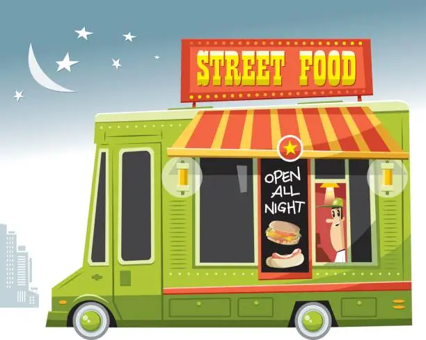 Vector illustration of Food truck at night